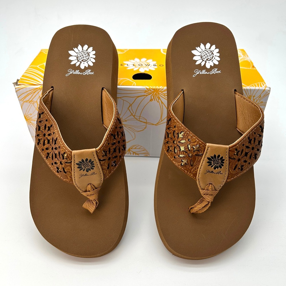 Womens Flip Flops Yellow Box Warner Size 8 Tan Faux Leather EVA Cushioned NEW - Picture 3 of 7